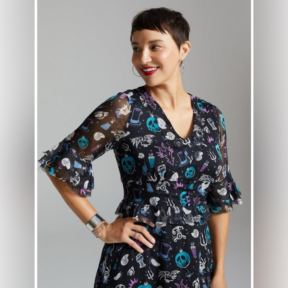 Disney villains chiffon ruffle trim midi dress nwot - Picture 3 of 4